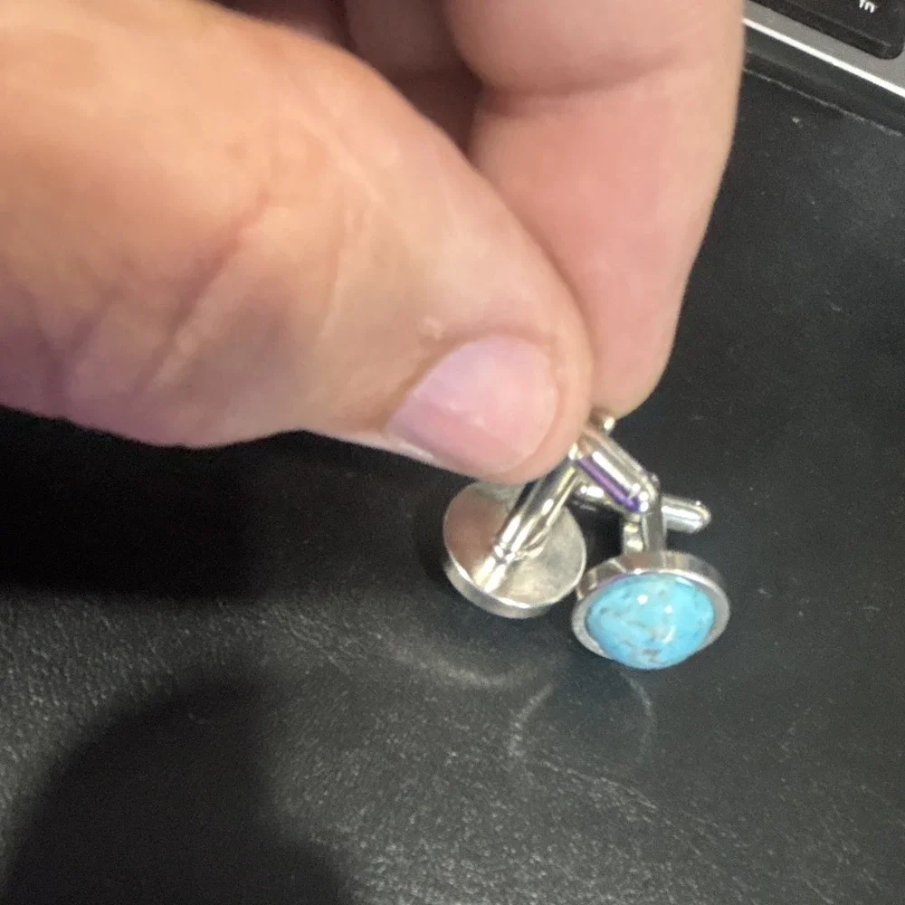 Men's Silver Cufflinks Round Blue Turquoise Stone Bullet Back Pair